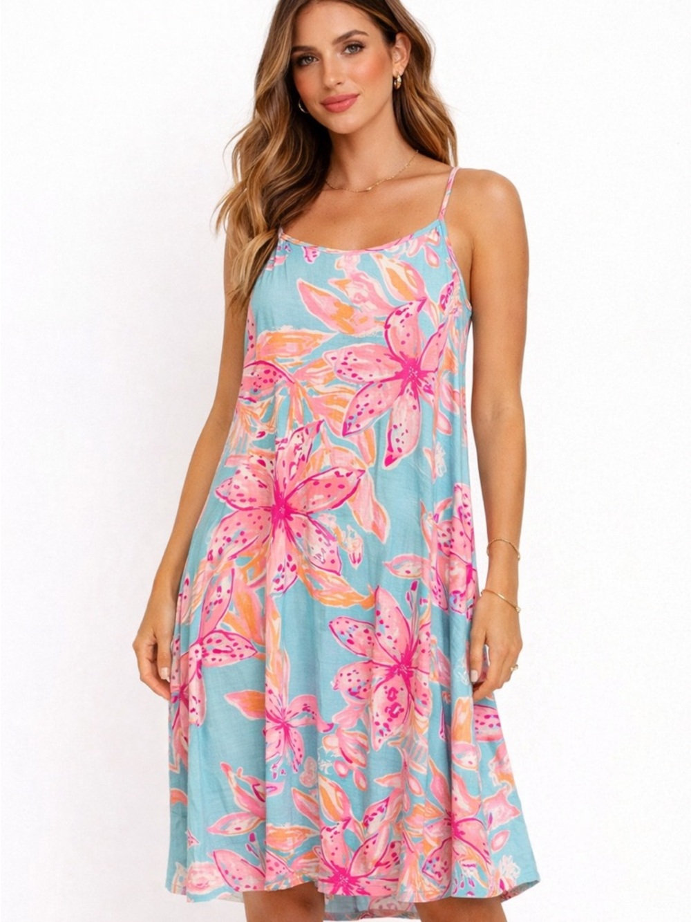 Lilly Pulitzer Aqua Floral Tie-Back Cover-Up Dress with Pink & Coral Blooms
